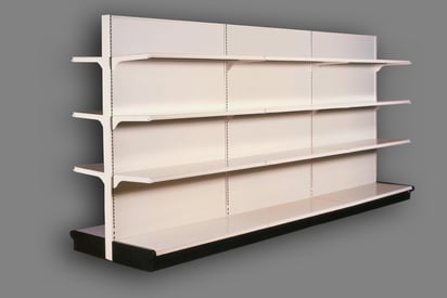 12-foot retail gondola shelving unit with multiple adjustable shelves, designed for high-volume product display in store aisles.