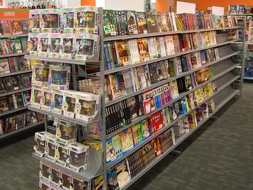 Store displays a perf-fect media display with shelves of DVDs