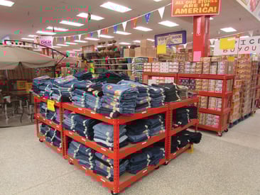 Store display furniture with folded jeans
